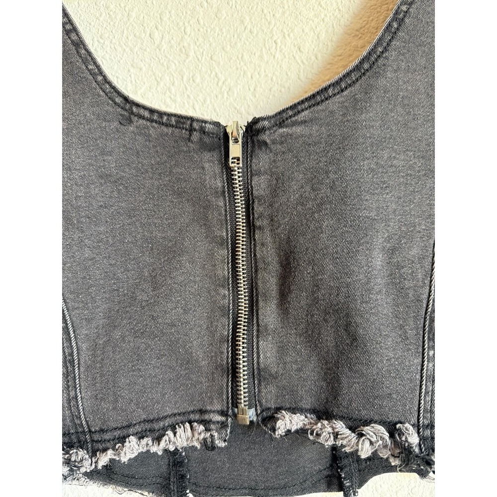 Washed Black Denim Corset Top Frayed Hem Zip Front L Baddie - Picture 4 of 5